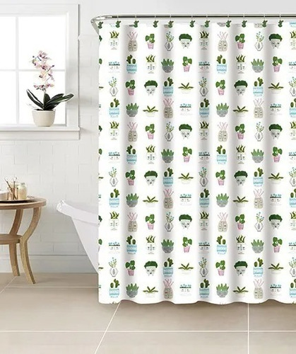 Set Cortina De Baño De Vinilo Estampada + Ganchos De Resina