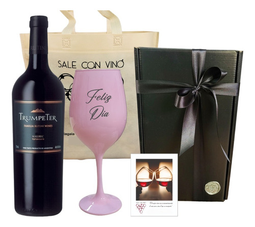 Box Vino Trumpeter + Copa Grabada Rosa Regalo Personalizado