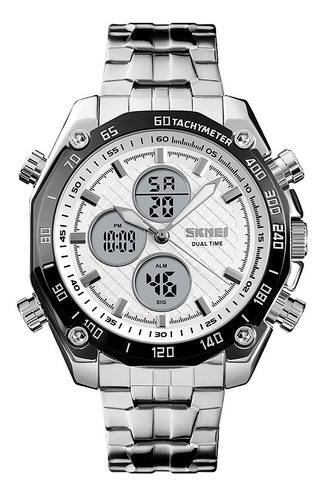 Reloj Hombre Skmei 1302 Acero Alarma Cronometro Elegante Color De La Malla Plateado/blanco