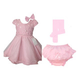 Vestido Infantil Rosa Festa Jardim  Laço Calcinha Meia Calça