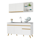 Armário De Cozinha Compacta 150cm Veneza Multimóveis V2079 Cor Branco/dourado