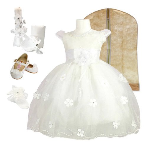 Vestido Bautizo Niña + Kit Vela + Zapatos + Calcetas Floreci | Meses sin interés