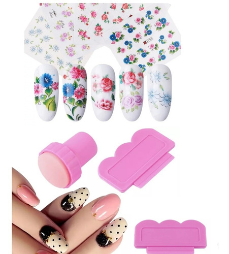 Set 50 Stickers De Uñas + Stampador Y Raspador Manicure