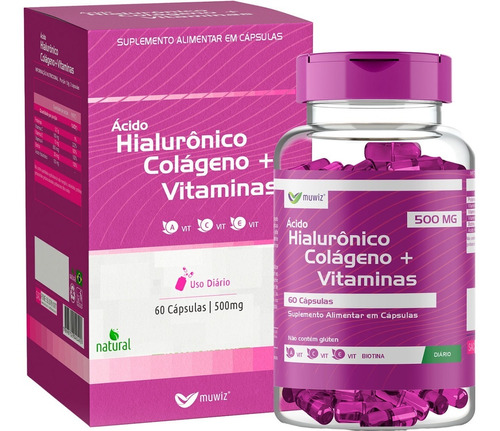 Ácido Hialurônico + Colágeno + Vitaminas 500mg 60 Caps Muwiz