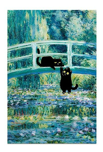 Cuadro Arte Pared Gato Negro Monet Flores 12x18