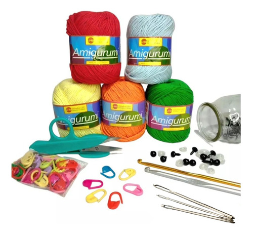 Kit Combo Para Amigurumi Agujas Crochet Hilo Algodon X 50g