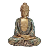 Estátua Buda Hindu Orando Gesso Verde Com Dourado 22cm 