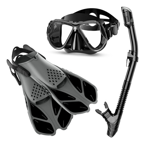 Set Snorkel Careta Aletas Natacion Buceo Material Flexible Color Negro