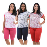 Combo 3 Pijamas Pescador Feminino Blusinha E Calça Curta