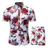 Camisa Hawaiana Slim Fit Floreada Casual Para Hombre+shorts