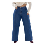 Calça Jeans Plus Size Barra Feita Wide Leg Lisa Basica Moda