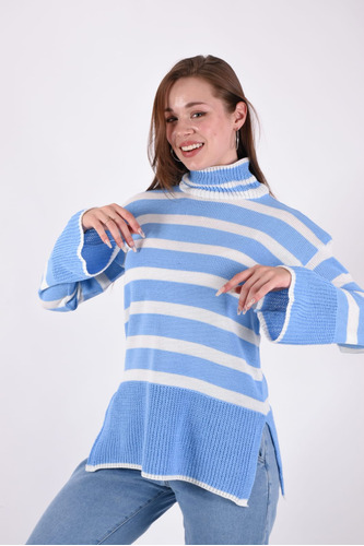 Sweater Polera De Lana Mangas Oxford De Dama (topacio)