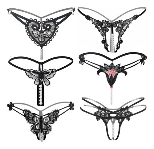 6pcs Tanga Sexy De Hilo Dental Con Masaje Perlas Y Encaje .
