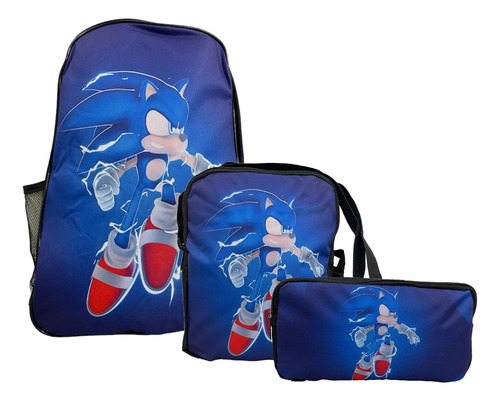 Set 3 Mochila Lunchera Lapicera Lona Escolar Sonic El Erizo