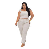 Conjunto De Linho Alfaiataria Plus Size Calça E Cropped