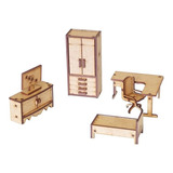 Kit Miniatura Quarto Solteiro 6 Peças Escritório Cama Mdf