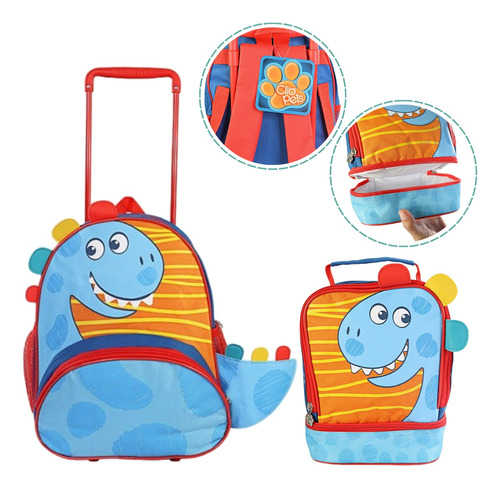 Kit Escolar Dino Mochila De Rodinha E Lancheira Térmica Cor