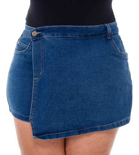 Short Saia Feminino Azul Com Estilo Plus Size Amaciado