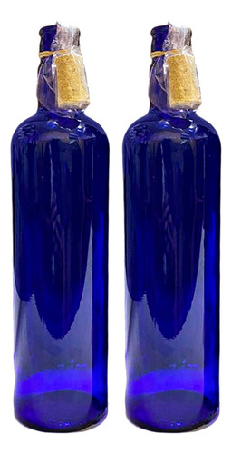 2 Botellas Vidrio Azul Hoponopono Con Corcho Agua Solarizada