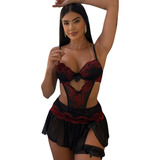 Body Sexy Com Saia Lingerie Sensual Bojo Renda Promoção