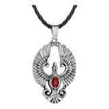 Collar Vikingo Ave Fenix,  Runa Vikinga Con Zirconio Rojo