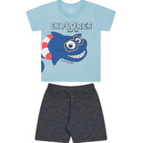Conjunto Masculino Infantil Camiseta Tubarão Bermuda Moletom