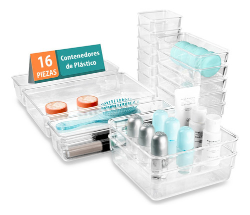 16 Organizadores De Plástico Bandeja Transparente Multiusos Con Almohadillas Antideslizantes. Ideales Para Organizar Maquillaje, Joyas, Utensilios De Cocina, Oficina Y Baño