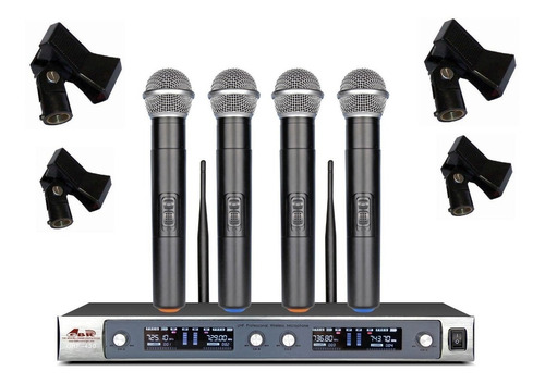 Set 4 Microfonos Mano Inalambricos Uhf + 4 Sop Clip Premium