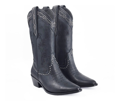 Botas Texanas Viru Shoes, 931 Luli, Cuero Negro Con Tachas