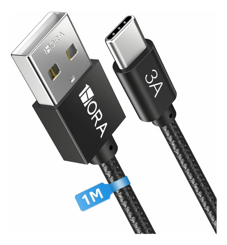 Cable Usb A Tipo C Carga Rápida 18w 3a Nailon Reforzad 1m Color Negro