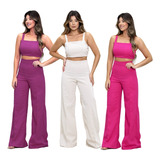 Kit 3 Conjunto Feminino Cropped Calça Pantalona Social Verão