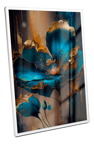 Quadro Flor Natureza Abstrato Azul Dourado Decorativo Vidro