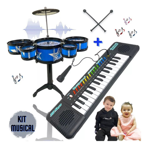 Kit Musical Infantil Mini Bateria + Teclado Piano 32 Teclas