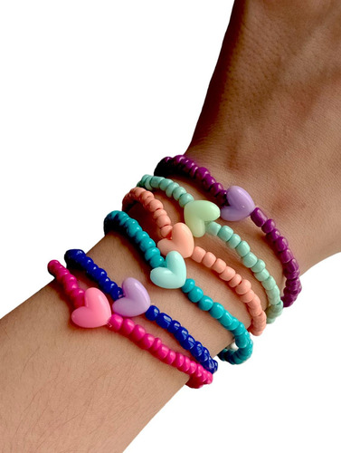 Pack X6 Pulseras Elastizadas Corazón Coloridas Verano 