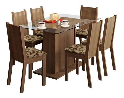 Sala De Jantar Gales Madesa 6 Cadeiras Mesa Tampo Vidro Rbm Cor Rustic/bege Marrom 044775zxtfbm