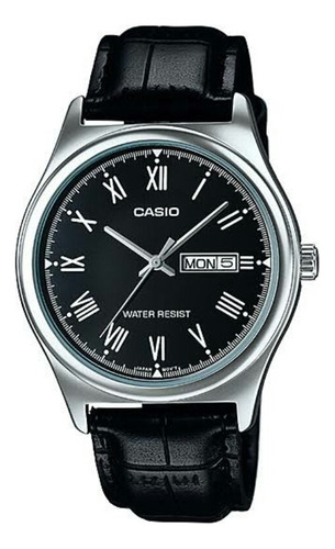 Reloj Casio Mtp-v006l Hombre Piel Negro Acero Inoxidable Color Del Bisel Plateado