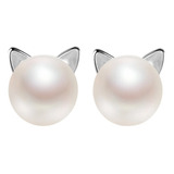 Bellos Aretes Gatito De Perla Real Natural De Plata 925 