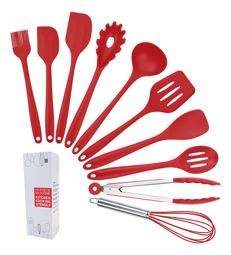 Jogo 10 Utensilios Cozinha Colher De Silicones Cabo Inox