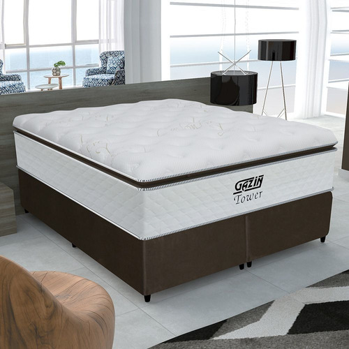 Cama Box Gazin Tower  Queen De 1.98mx1.58m Branco E Marrom Com Base Dividida