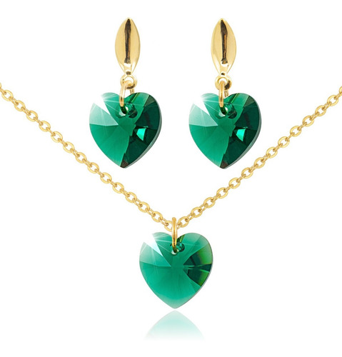 Collar Aretes Mujer Corazon Swarovski Verde Esmeralda Cadena