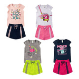 Kit 4 Conjuntos Verão Juvenil Menina Blusa Shorts Saia