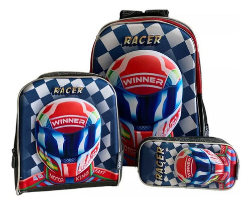 Kit Mochila Escolar Piloto Corrida Moto 3d Costas G Meninos