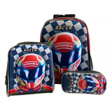 Kit Mochila Escolar Piloto Corrida Moto 3d Costas G Meninos