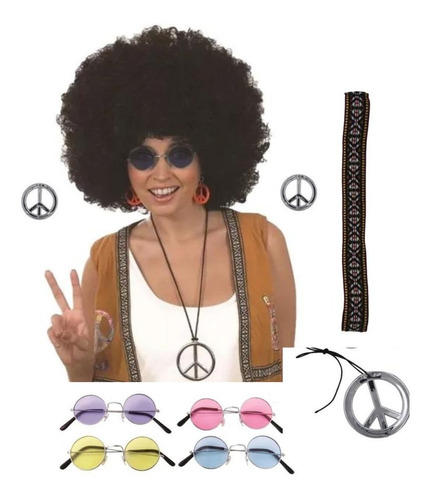 Combo Disfraz Hippie Aros Collar Lentes Peluca Bandana 