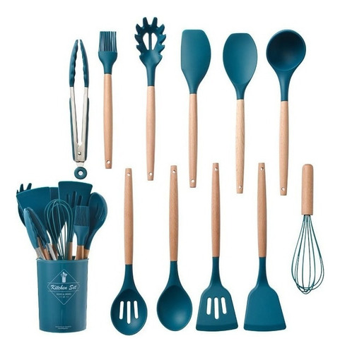 Kit Utensílios De Silicone Para Cozinha 11 Peças Azul