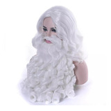 Peluca Santa Claus Blanca Rizada Con Barba Navideña 2 Piezas