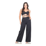 Conjunto Alfaiataria Feminino Cropped E Calça Pantalona Lisa