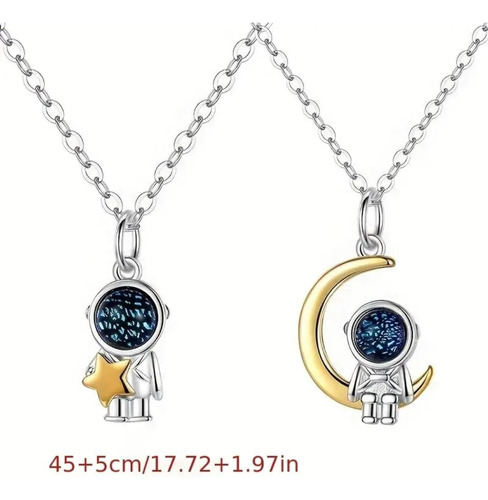 Collar Pareja Astronauta Y Luna Plata Amor + Bolsita Regalo