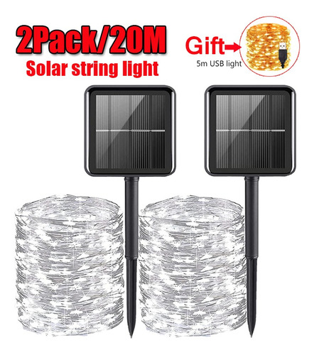 2pack 20m Tira De Luz Navideña 200led Luces Solares Al Aire