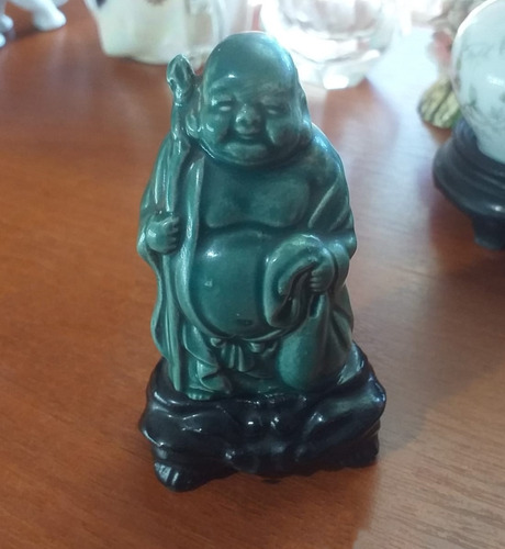 Antigua Pequeña Figura De Ceramica China Buda Con Cayado